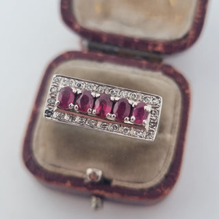 Vintage 18ct White Gold Diamond And Ruby Five Stone Art Deco Ring