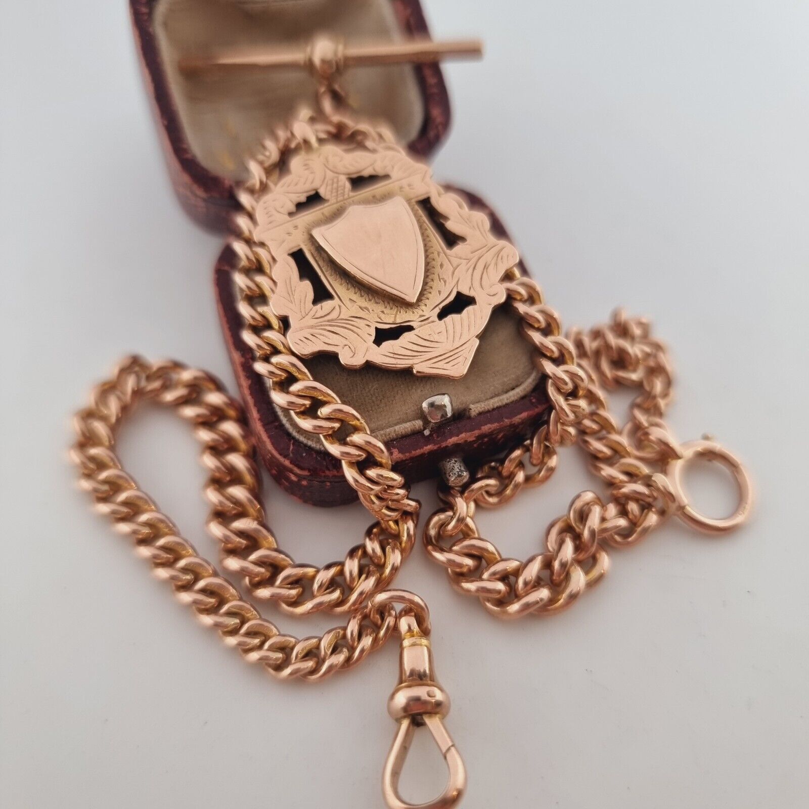 Antique 9ct 375 Rose Gold Double Albert Pocket Watch T-Bar Chain