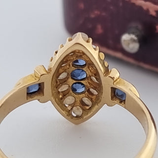 Antique 18ct Yellow Gold Sapphire Seed Pearl Marquise Navette Cluster Ring